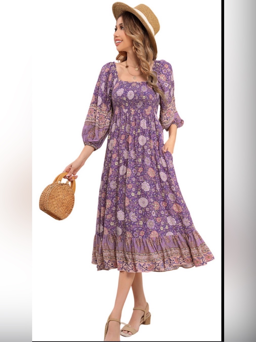 In loom floral midi dress boho smock summer brunch vacation